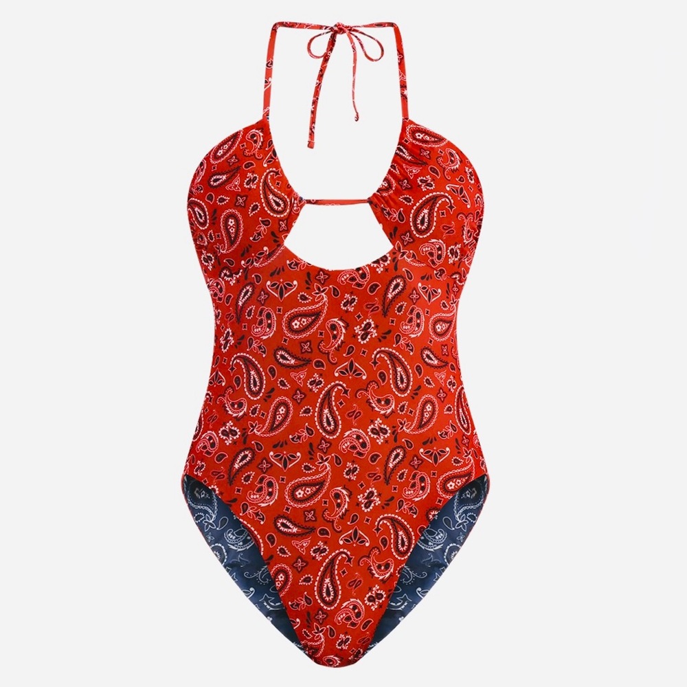 Bandana Print Reversible One Piece Swimsuit No Boundaries Red Blue XL 16-18 NWT